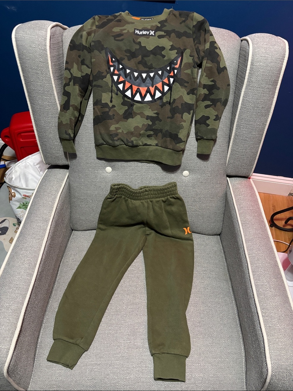 Hurley Olive Camo Sweatshirt & Olive Joggers Set with Orange Accent